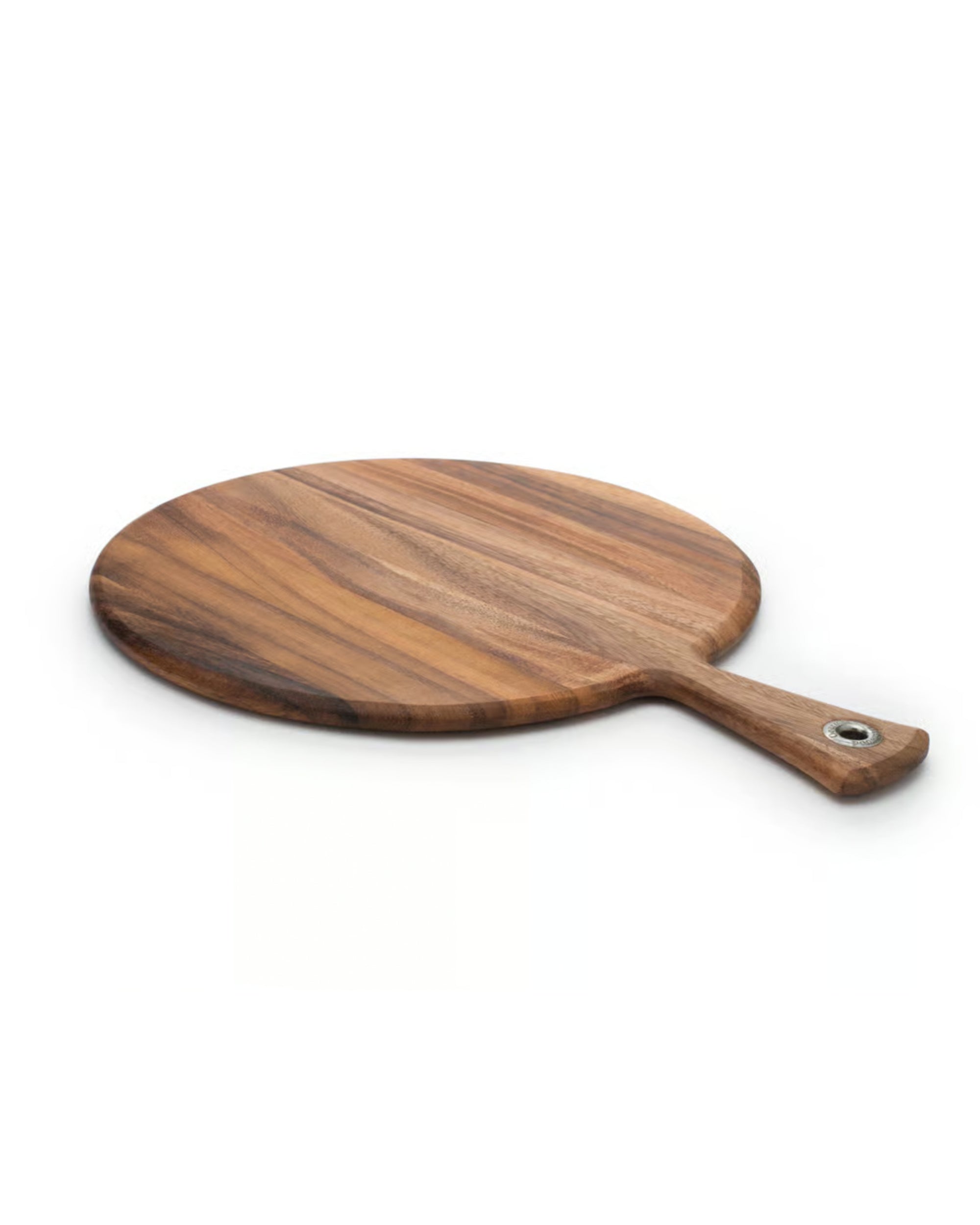 The Provencale Acacia Board by Fox Run Brands is a round wood paddle board with a handle and metal ring, ideal as a cheese or charcuterie platter, shown on a white background.