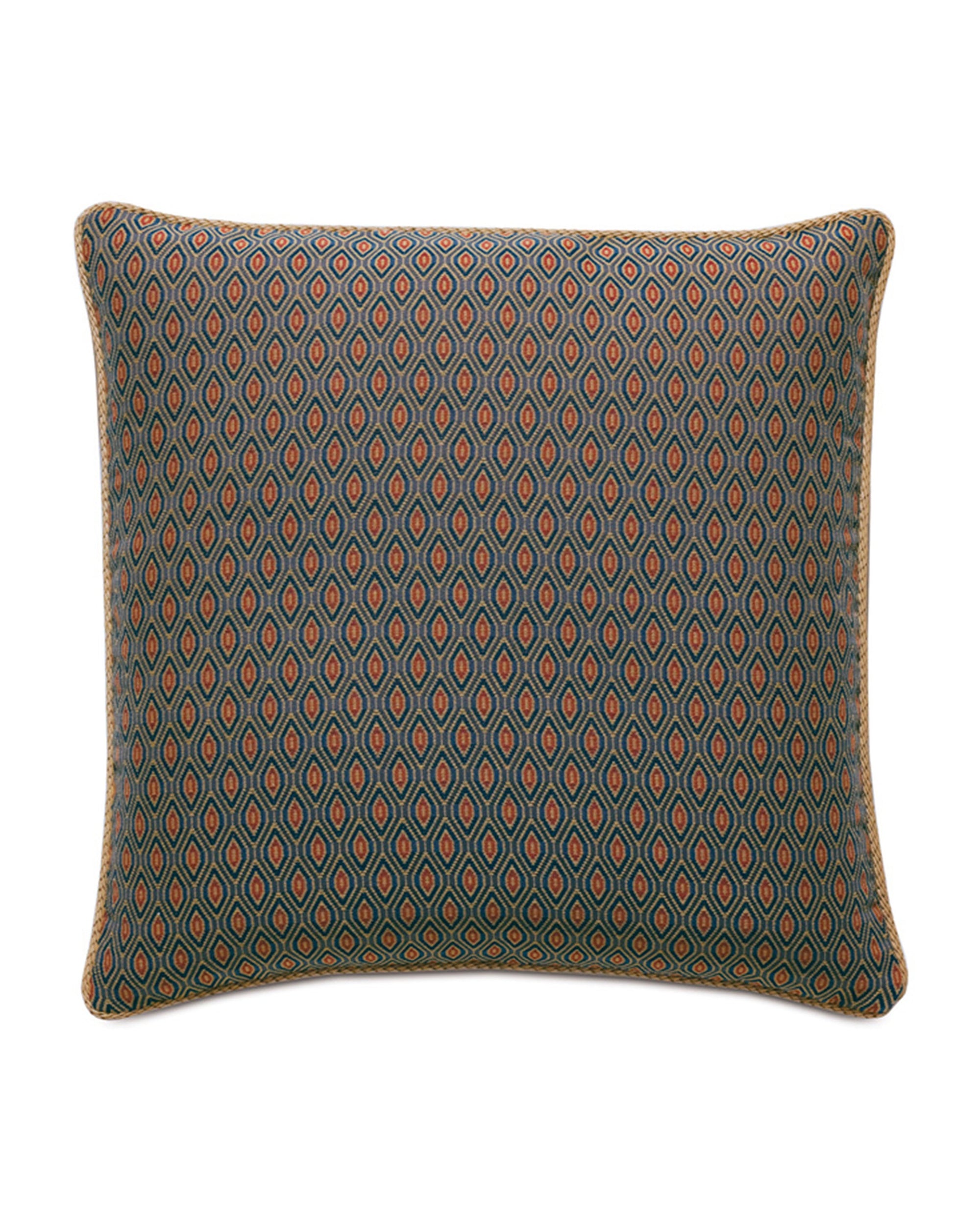 The RUDY OGEE pillow by Eastern Accents is a square decorative cushion with an orange, blue, and dark gray diamond pattern on white, finished with a stylish corded edge.