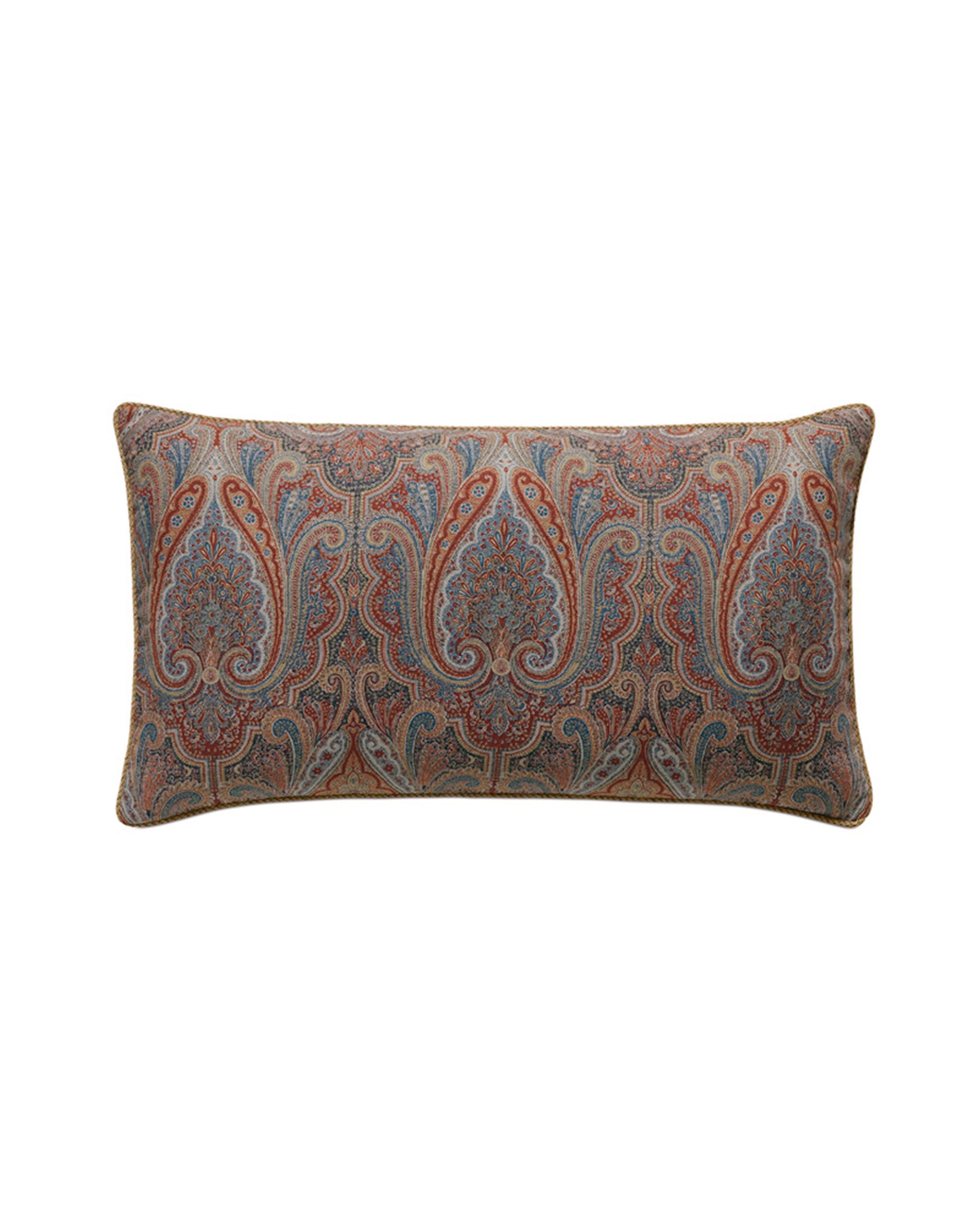 The RUDY PAISLEY rectangular decorative pillow by Eastern Accents showcases a paisley pattern in blue, red, and brown on a muted background, adding a touch of traditional elegance to any space.