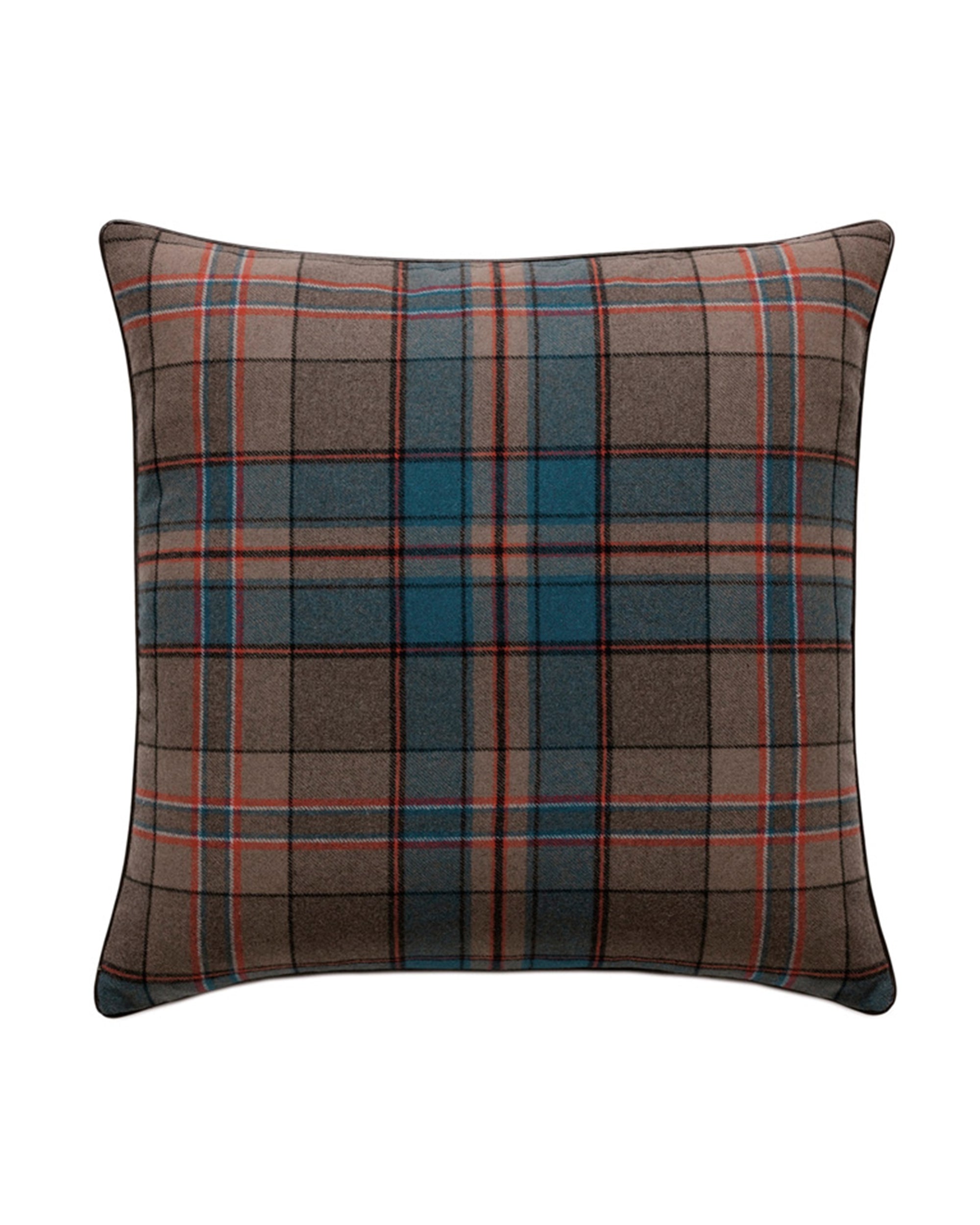 The Rudy Plaid Euro Sham by Eastern Accents features a square plaid design in brown, blue, and red on a white background with an invisible zipper closure.