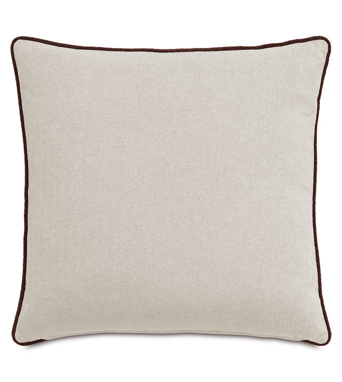 The RUFUS CEHENILLE pillow by Eastern Accents is a square beige decorative cushion with dark brown piping. Made from soft corduroy chenille, it features a simple, minimalistic design and is shown against a white background.
