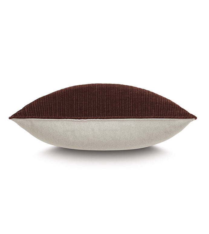 The RUFUS CHENILLE pillow by Eastern Accents features Zeta Copper corduroy chenille on the top half and smooth light beige fabric on the bottom, shown from the side against a white background.