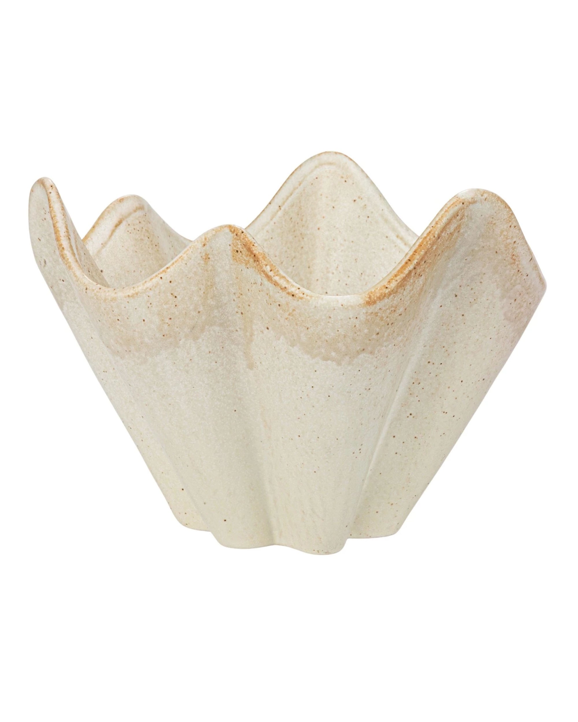 The Bloomingville Ruffled Stoneware Bowl features wavy, scalloped edges, a subtly speckled texture, and an organic shape crafted with a reactive glaze.