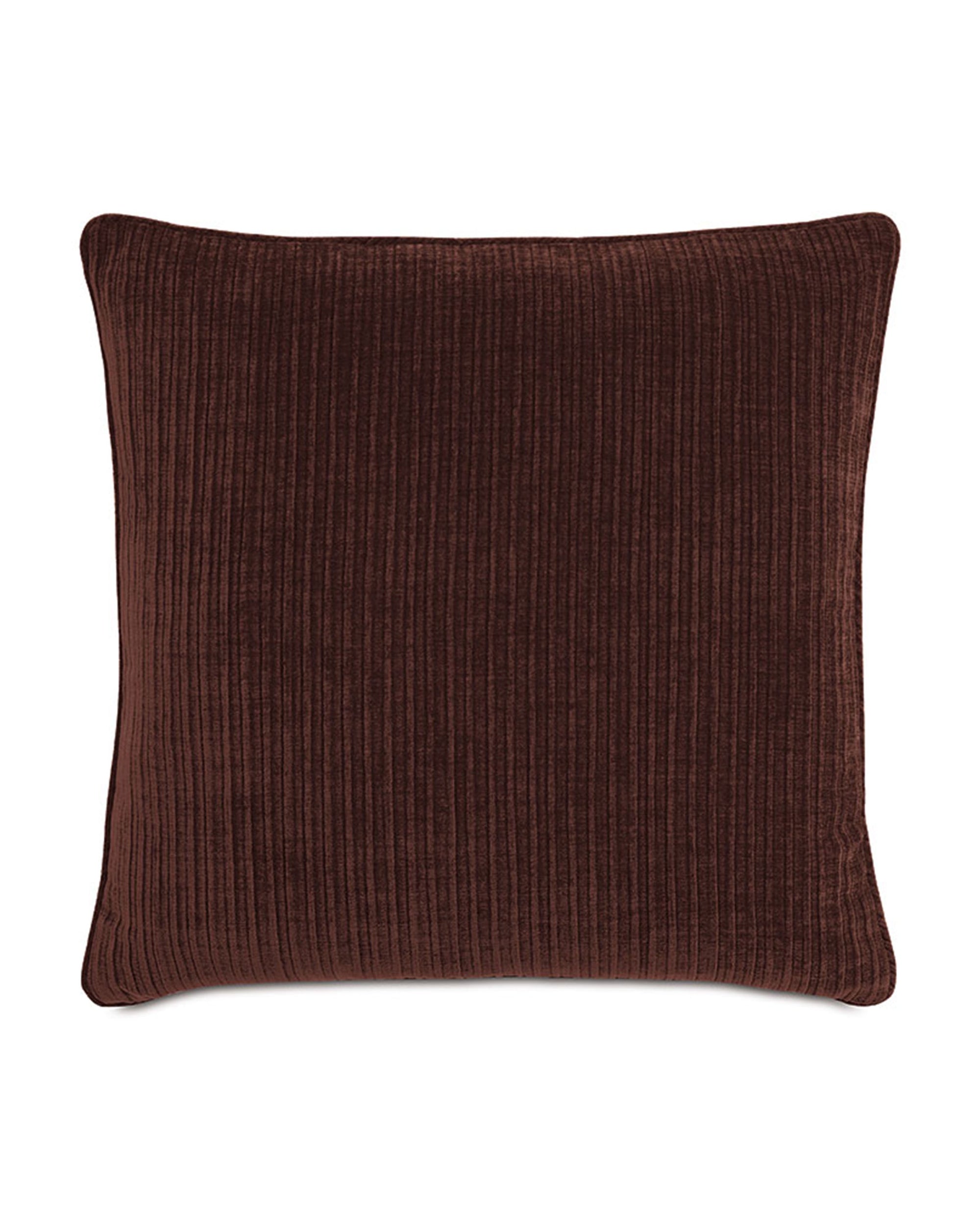 The RUFUS CHENILLE pillow by Eastern Accents features square dark brown corduroy with a subtle vertical ribbed texture—an elegant decorative accent perfect for elevating any space.