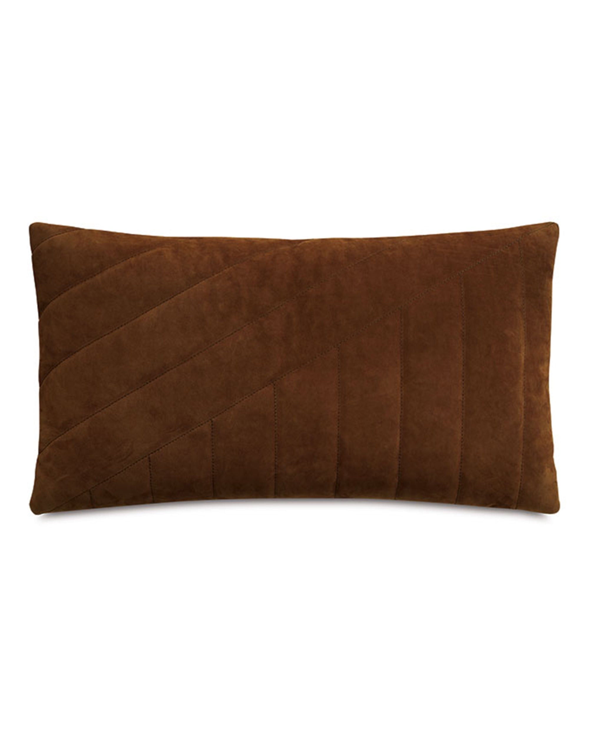 The Rufus Nubuck Leather Pillow by Eastern Accents features a rectangular brown nubuck leather design with subtle diagonal stitched lines and channeled detailing, creating a geometric pattern for a stylish, textured accent.