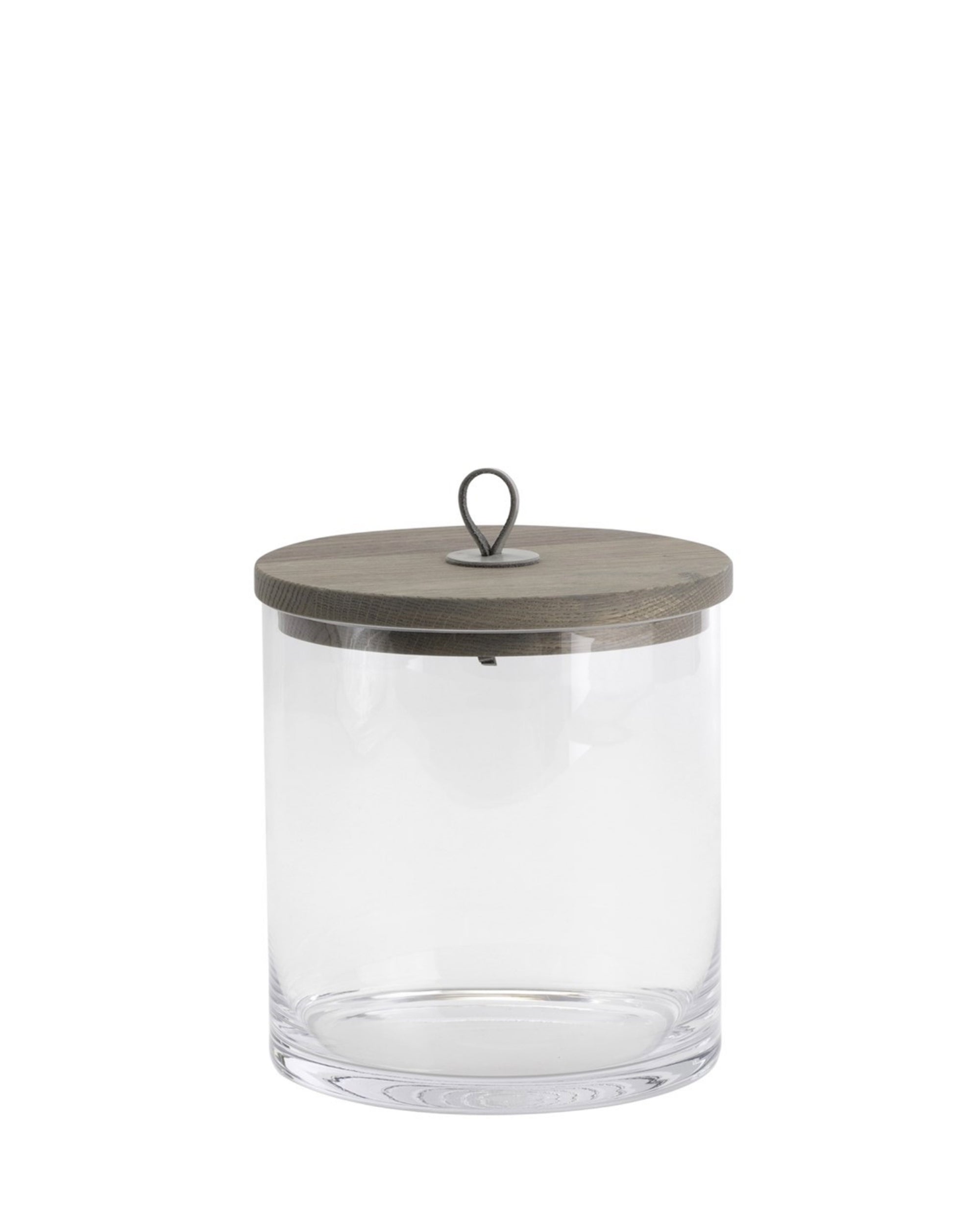 The BB-6.60027 Rustic Canister SM by Global Views is a clear glass jar with a round wooden lid and metal loop, food safe and empty, shown on a plain white background—ideal for modern canister displays.