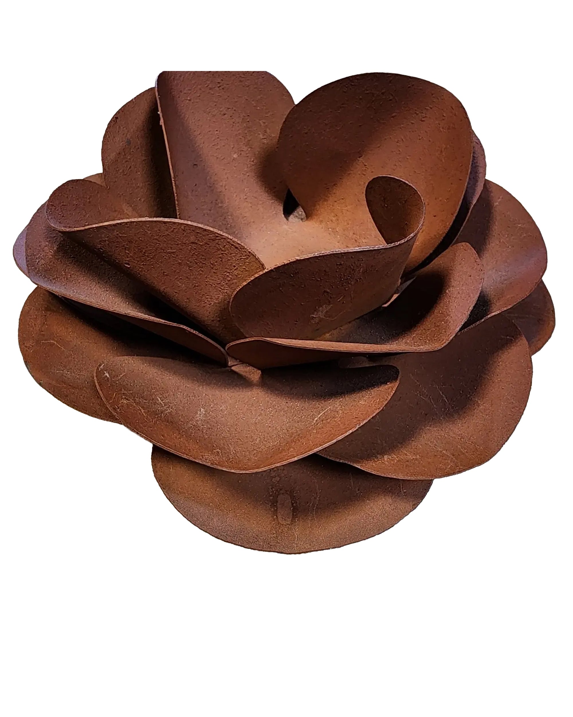 The Faire Rustic Rose Candle Holder features layered, rust-colored petals in a blooming rose design, ideal as rustic decor or a timeless gift, displayed against a white background.