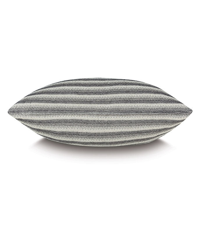 Gray and white striped cotton pillow with subtle texture, side view, Eastern Accents River striped style.