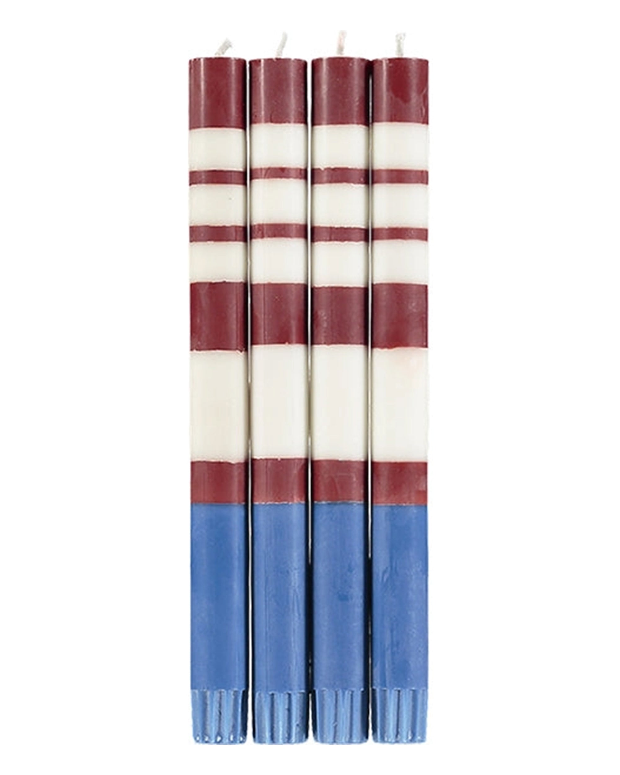 The Faire Striped Guardsman Red &amp; Royal Blue Candles S/2 feature bold red and white stripes at the top with a solid royal blue base, hand-poured for a stunning finish and displayed side by side against a white background.