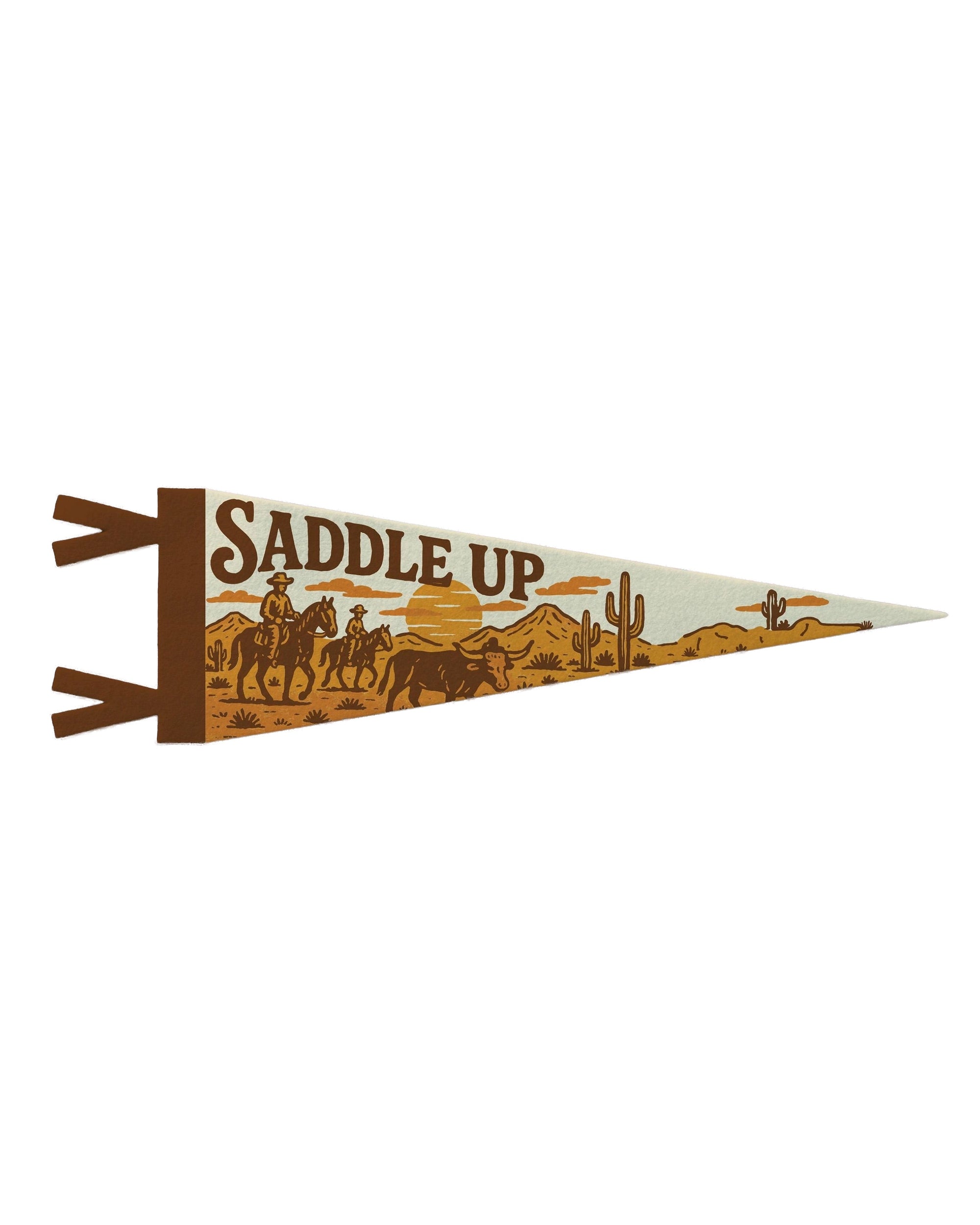 The "Saddle Up" Felt Pennant by Faire features bold lettering, cowboys on horseback, cacti, and a brown and yellow desert design—ideal for cowboy room decor or as a unique gift for horse lovers.