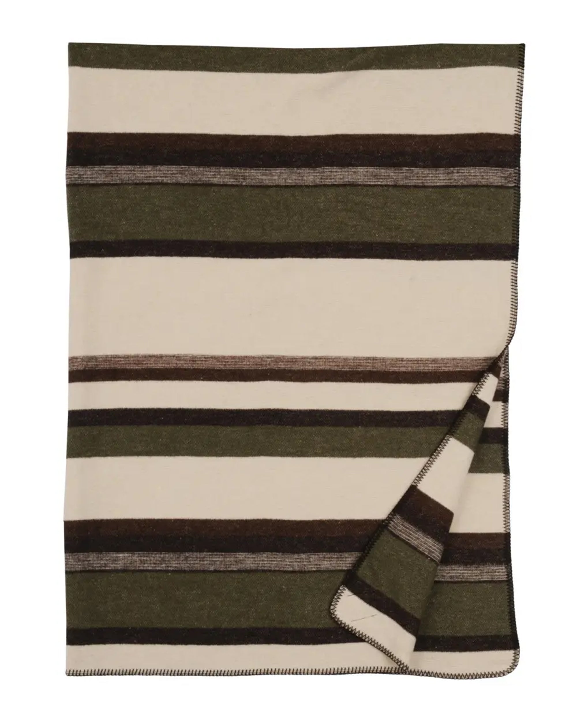 The Faire Sage Valley Throw is a folded Italian wool-blend blanket with cream, olive green, and dark brown stripes and a stitched edge. It pairs perfectly with washable wool throws for cozy layering.