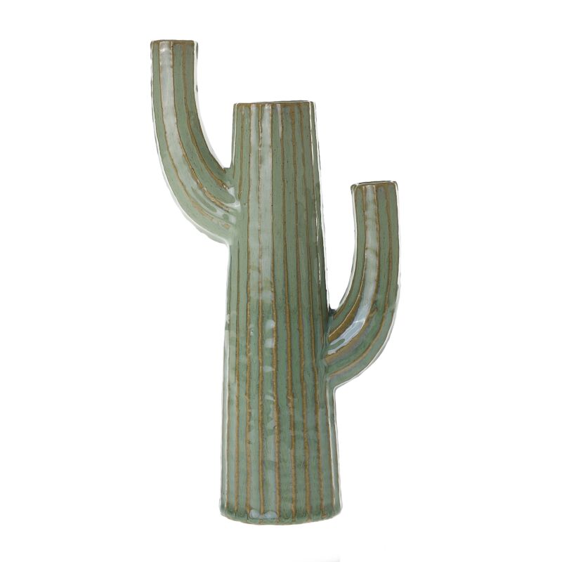 The Saguaro Vase by Accent Decor is a ceramic cactus-inspired vase featuring a tall central column, two upward-curving arms, and a light green reactive glaze with vertical brown lines.