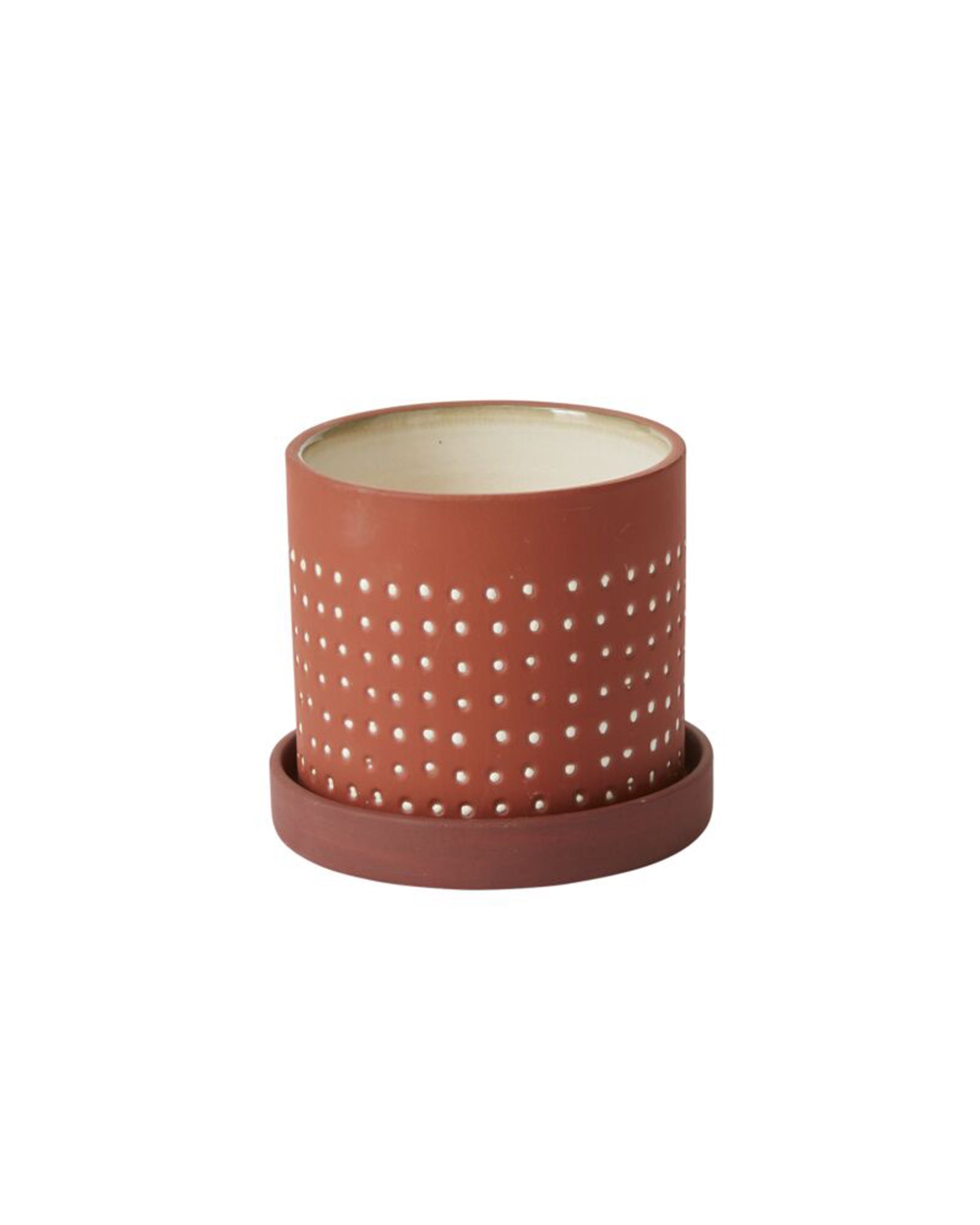 The Accent Decor 52170 Salamanca Pot with Saucer is a round, terracotta-colored ceramic planter featuring a drainage hole and small white dots patterned around the exterior. Matching saucer included.