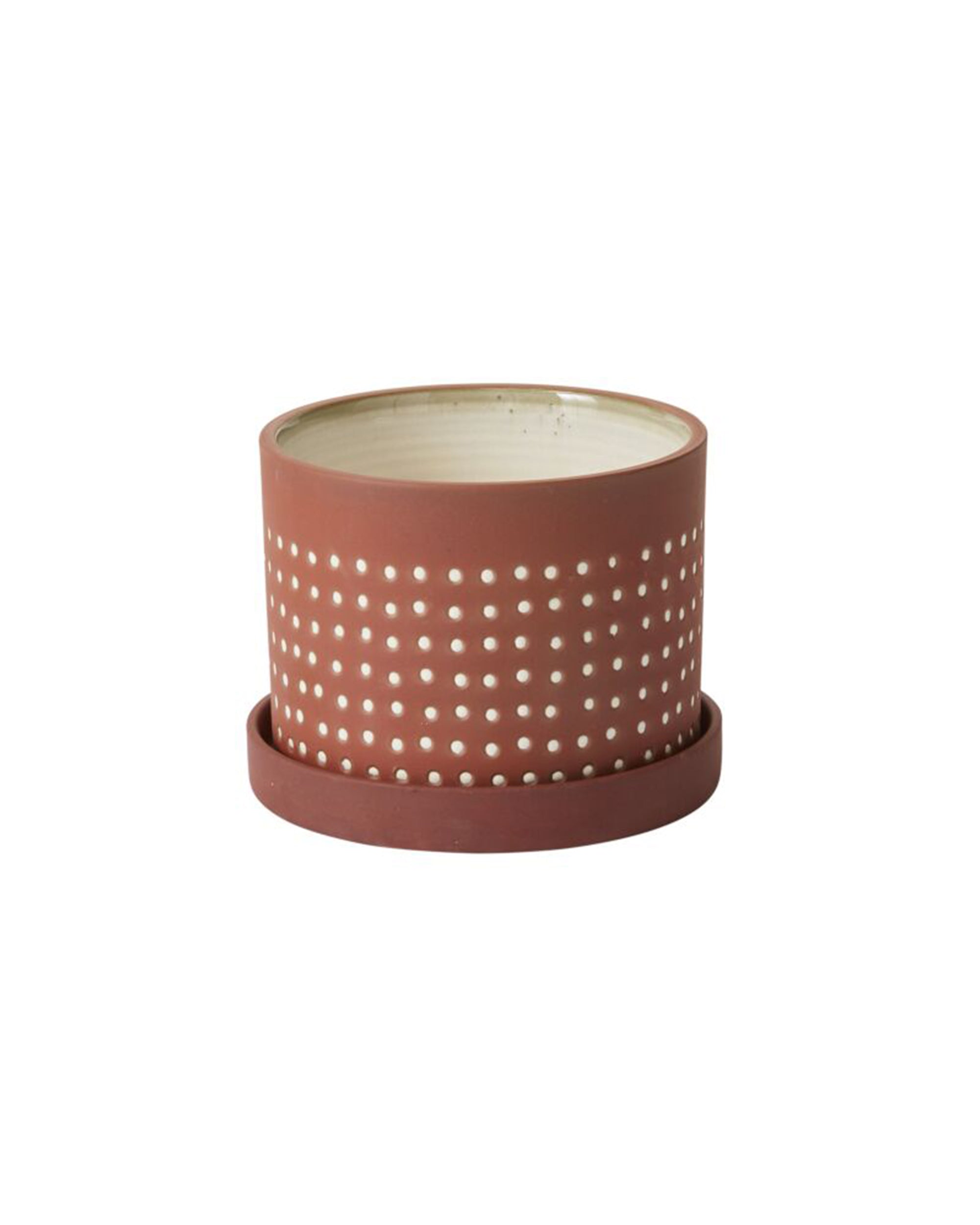 The Accent Decor Salamanca Pot with Saucer L is a round terracotta planter with evenly spaced white dots, a matching tray, and a light cream interior.