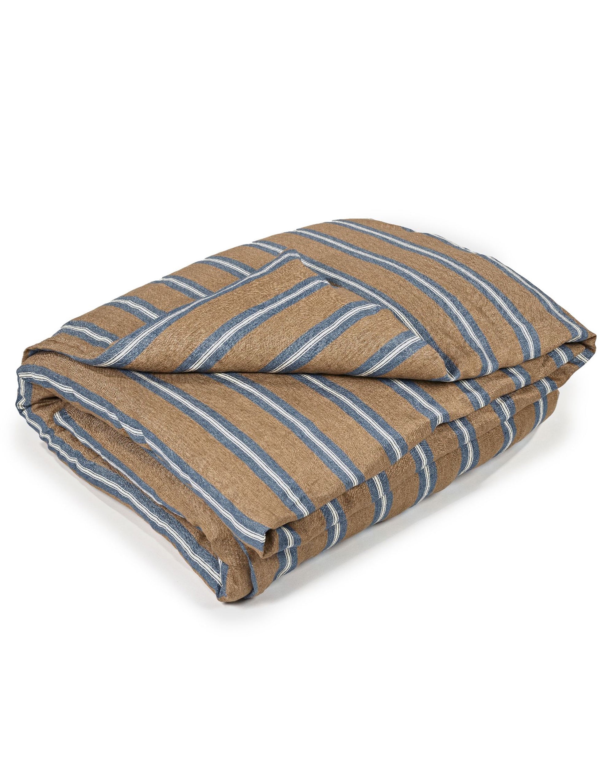 A neatly folded Salem Covertlet by Libeco Home with a brown base and horizontal blue and white stripes, displayed on a white background.