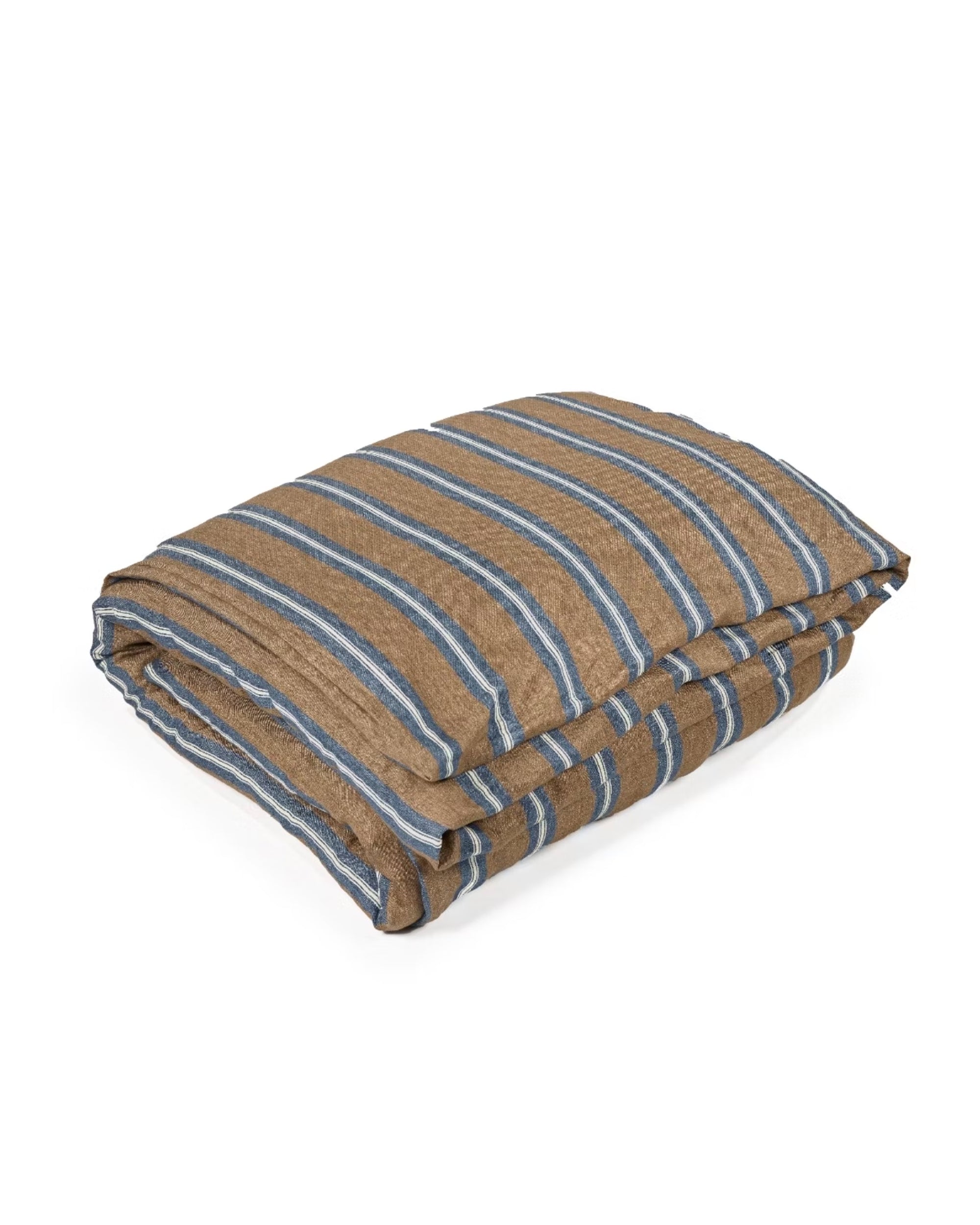 The Salem Duvet by Libeco Home, crafted from 100% linen, features a brown base with blue and white horizontal stripes and is shown folded on a white background.