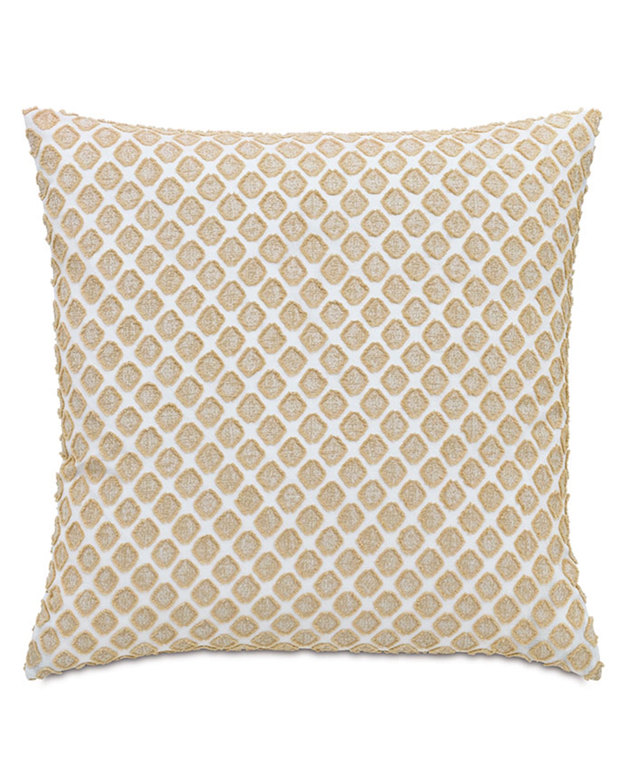The San Savino Fil Coup Euro pillow by Eastern Accents features a white background with evenly spaced gold diamond shapes, offering a textured look and simple, modern design reminiscent of geometric patterns.