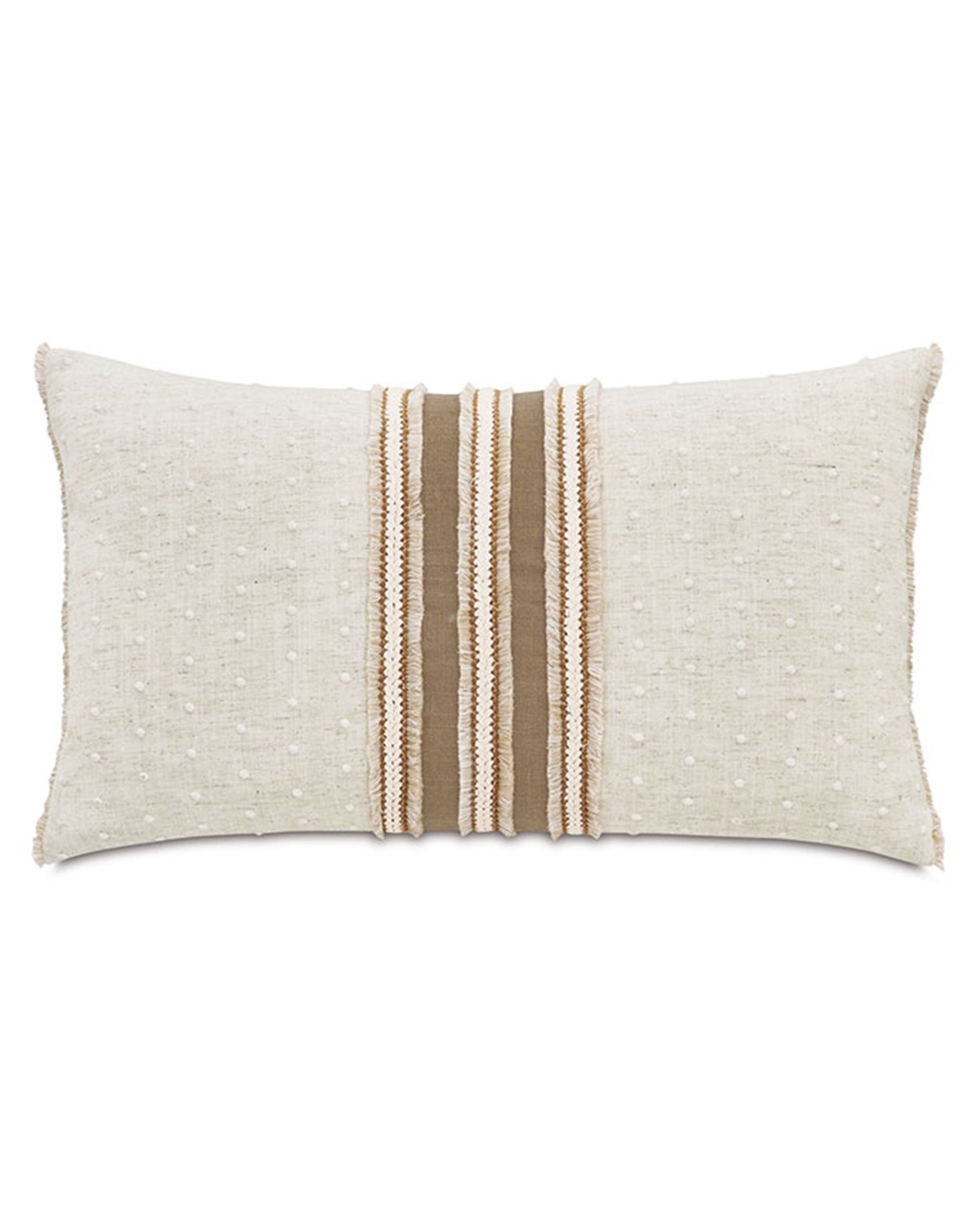 The San Savino Decorative pillow by Eastern Accents features textured ivory fabric with three vertical brown and beige embroidered bands at the center and a subtle dotted pattern throughout.