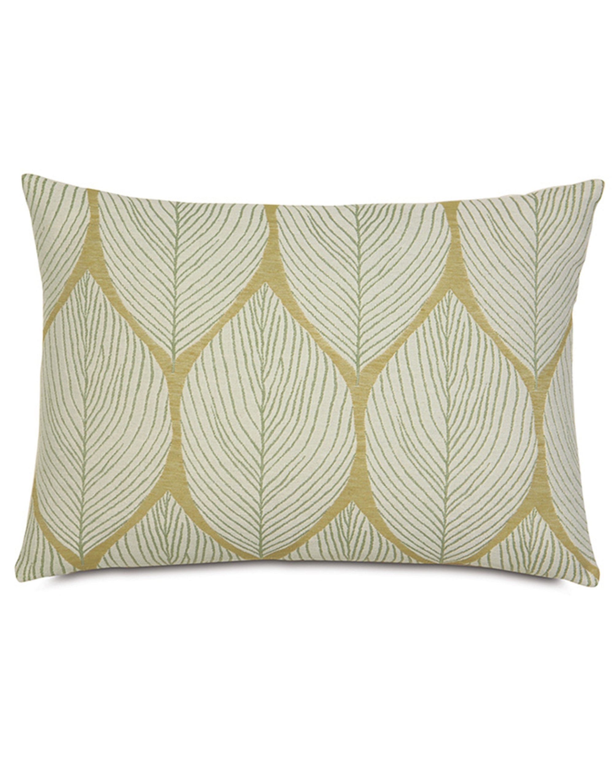 The Sandler Boudoir by Eastern Accents is a rectangular decorative throw pillow featuring a repeating pattern of large, stylized light green botanical leaves on a beige background.
