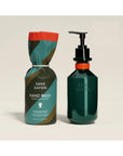 Two bottles of Faire’s Hand Wash Charlevoix Boreal—made with upcycled ingredients—stand out: one in vibrant green, black, and orange packaging, the other a green pump dispenser labeled "Hande," both against a plain light background.