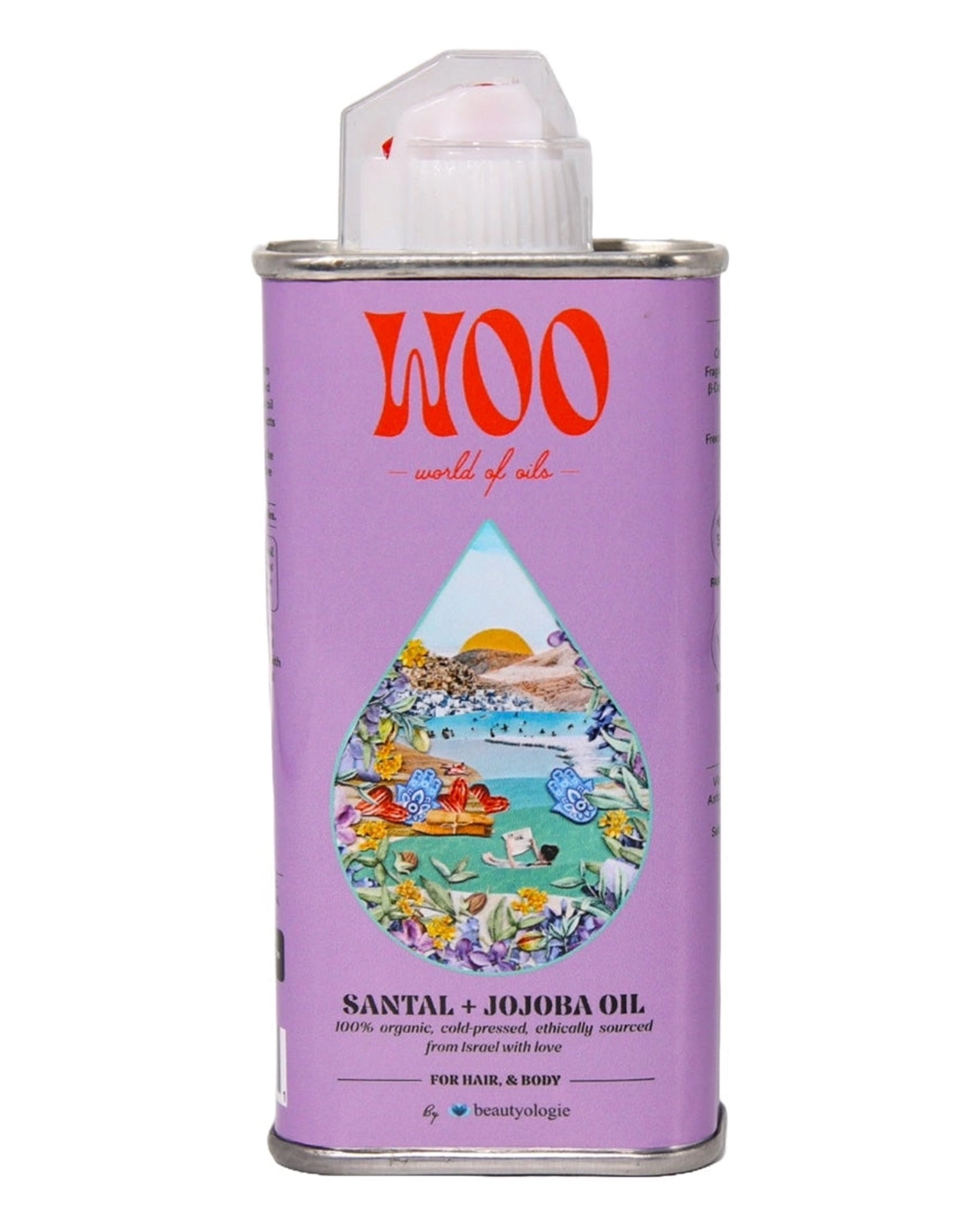 A rectangular tin can with a purple label reads "Faire Santal Jojoba Oil" and features a teardrop landscape, highlighting jojoba oil for fast-absorbing hydration for hair, skin, and nails.