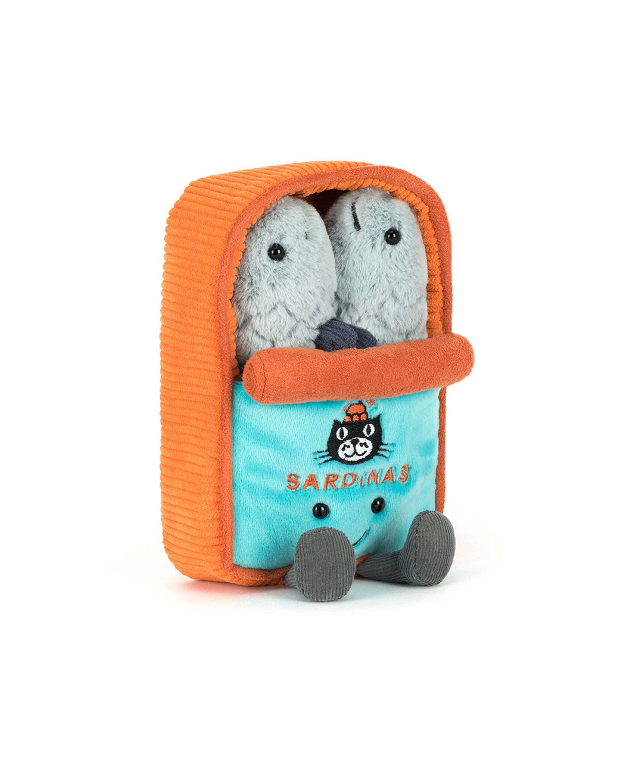 The Amuseables Sardine Tin by Jelly Cat Inc. is a plush toy shaped like an orange and blue sardine can, featuring two gray sardines peeking out, embroidered details, a smiling face, and "SARDINES" on the front.