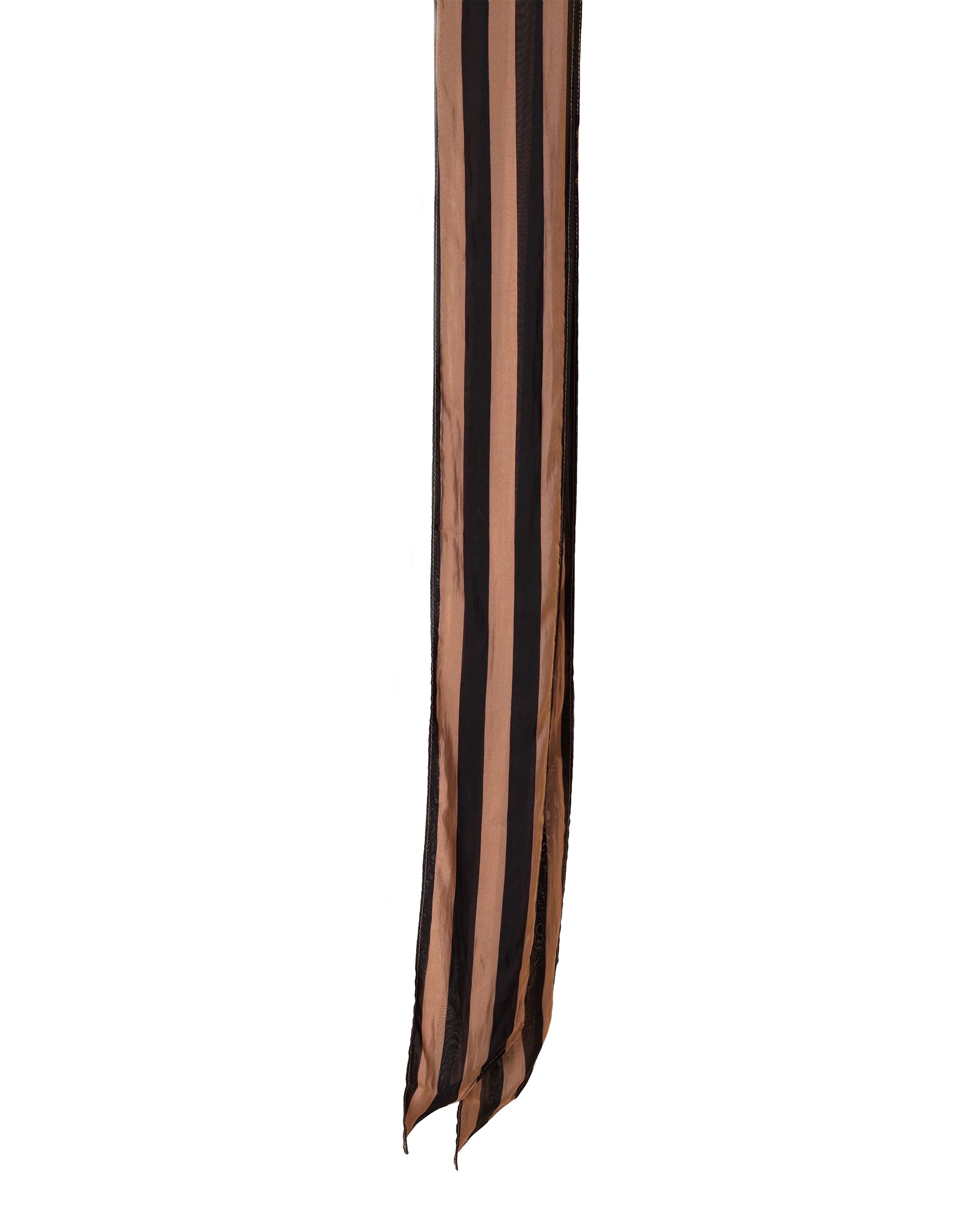 Slim black and brown striped viscose sash belt by Natalie Martin, 70s-inspired, available at Bungalow Furniture.