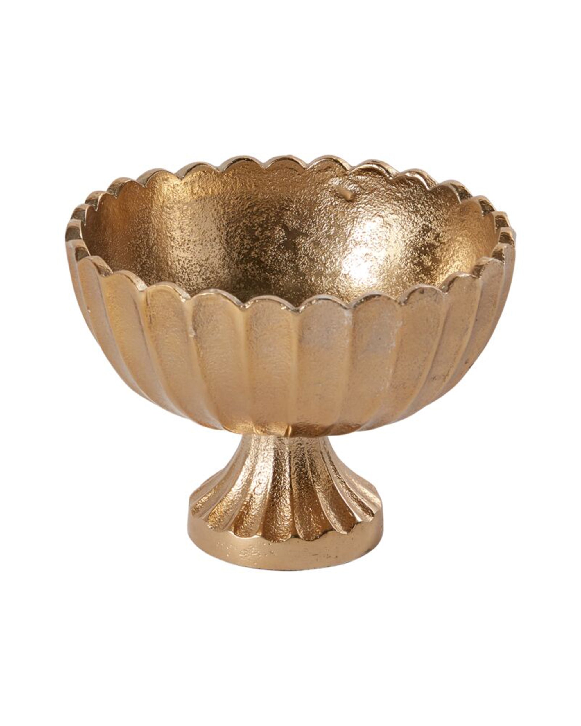 The Accent Decor 73350 Scallop Compote features a gold finish, scalloped edge, ribbed fluted design, and a short pedestal base. Crafted from cast aluminum.