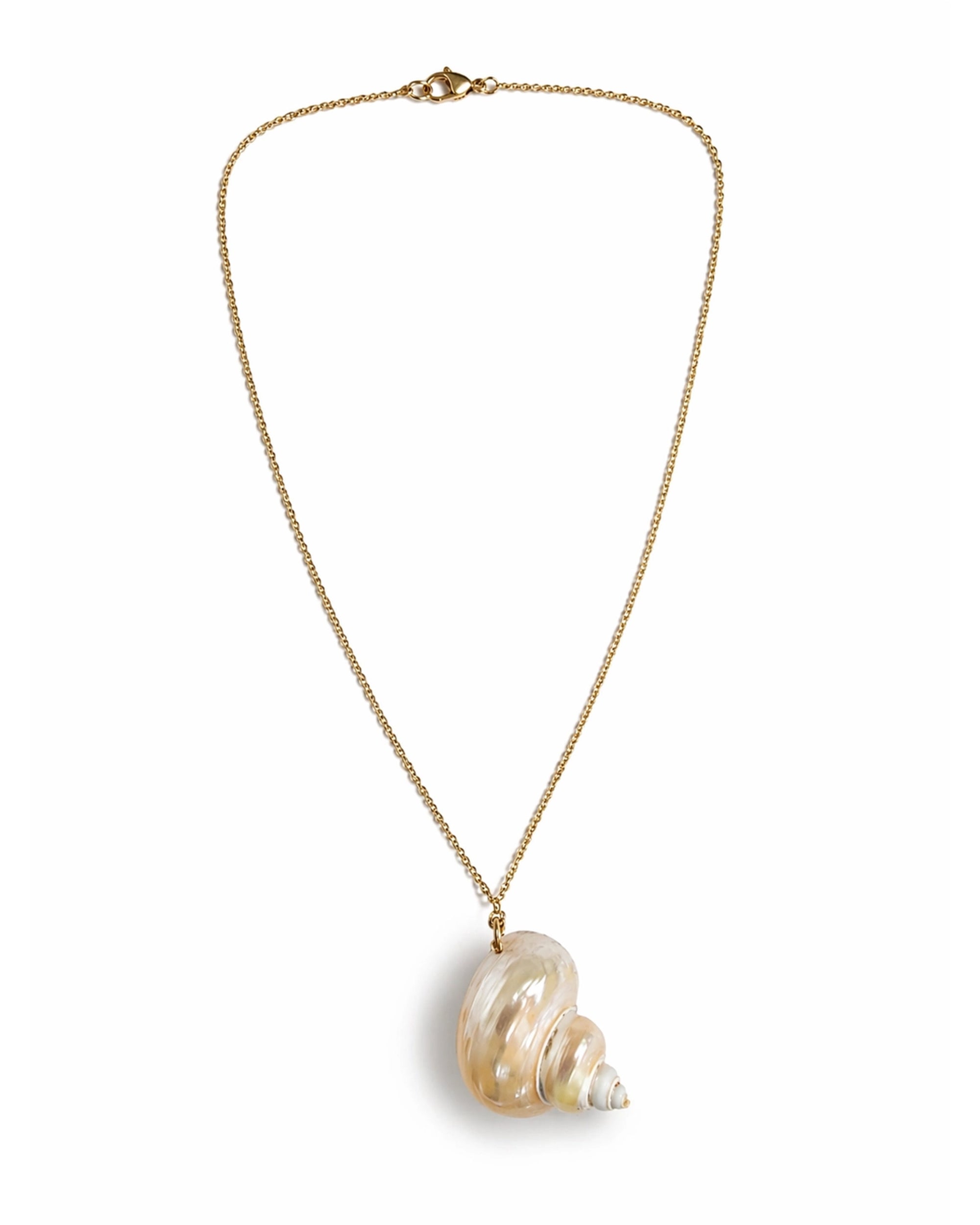 The Conch Seashell Gold Necklace by Faire features a large, pearlescent spiral seashell pendant on a gold-plated chain, shown against a white background.