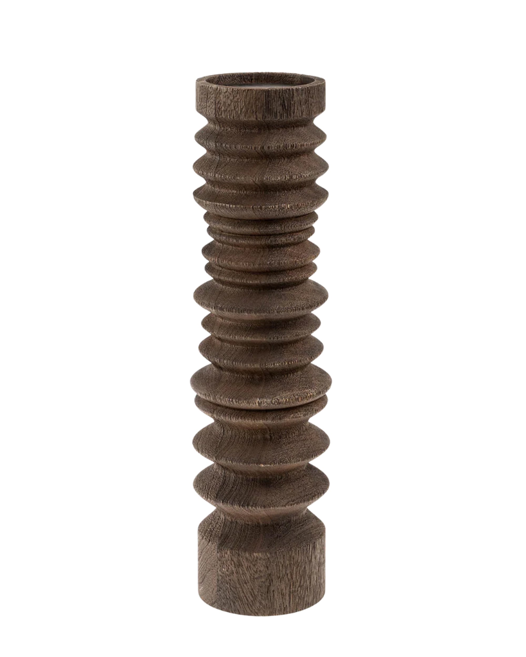 The Indaba 1-0890 Sedona Pillar Holder Stained L is a tall, dark brown mango wood candle holder with a ribbed, textured cylindrical design, shown standing upright on a white background.