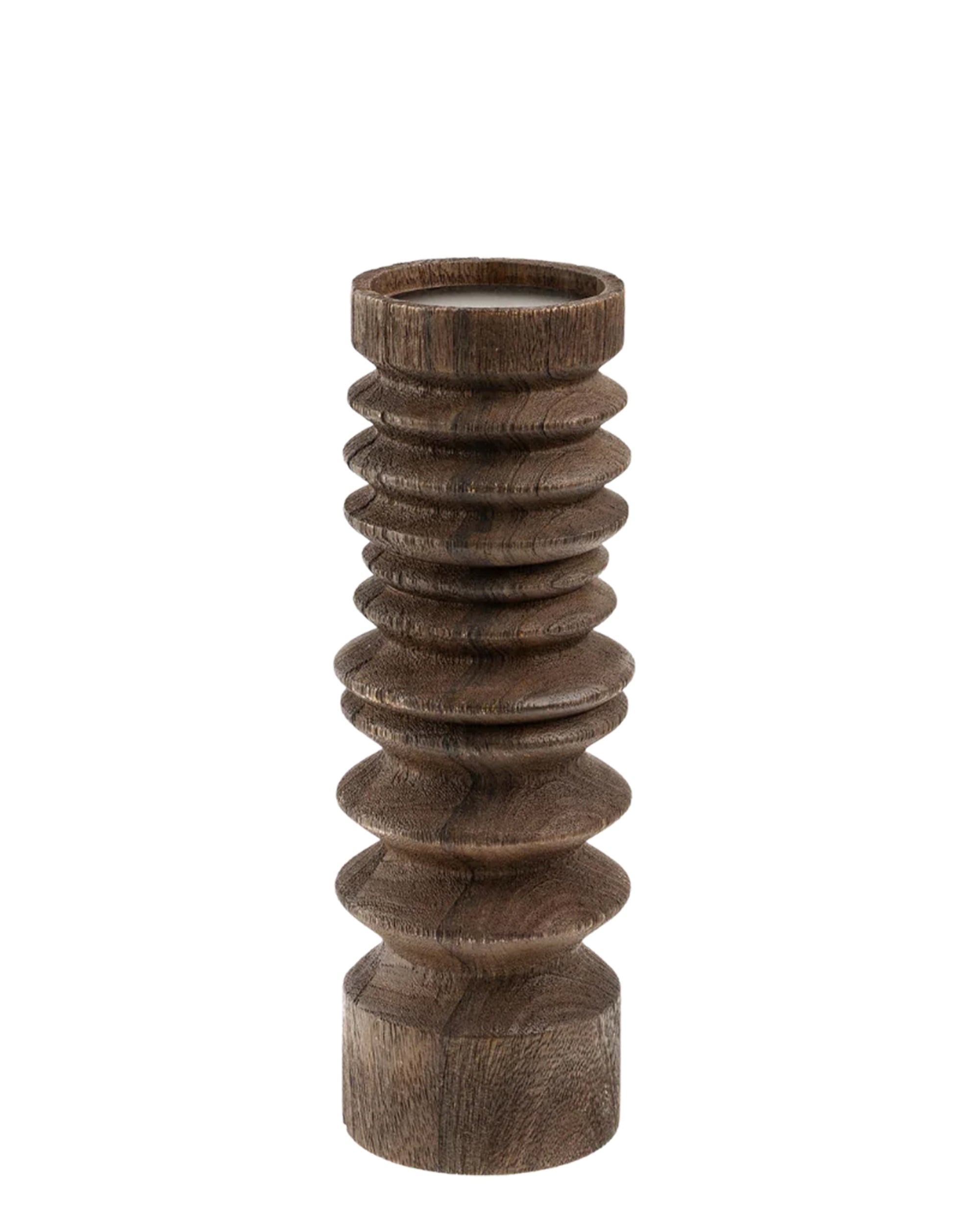 The Indaba 1-0889 Sedona Pillar Holder Stained S is a hand-carved, cylindrical candle holder featuring concentric ridges and a textured finish that showcases artful craftsmanship.