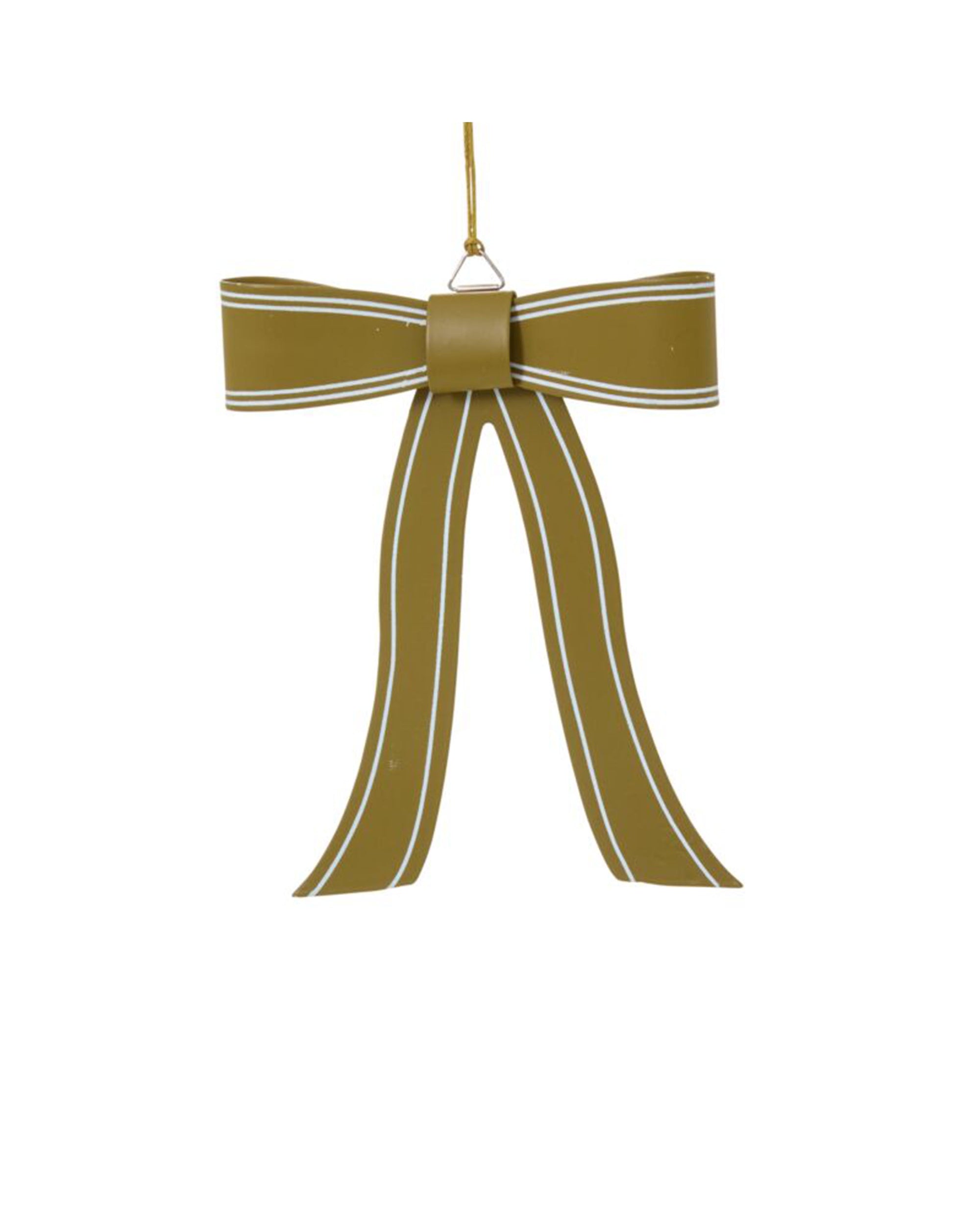 The Saleh Bow Ornament 4.75x5.5" by Accent Decor features olive-green with white edges, two loops, and long tails, hanging from a gold string—ideal as a festive Christmas tree decoration.