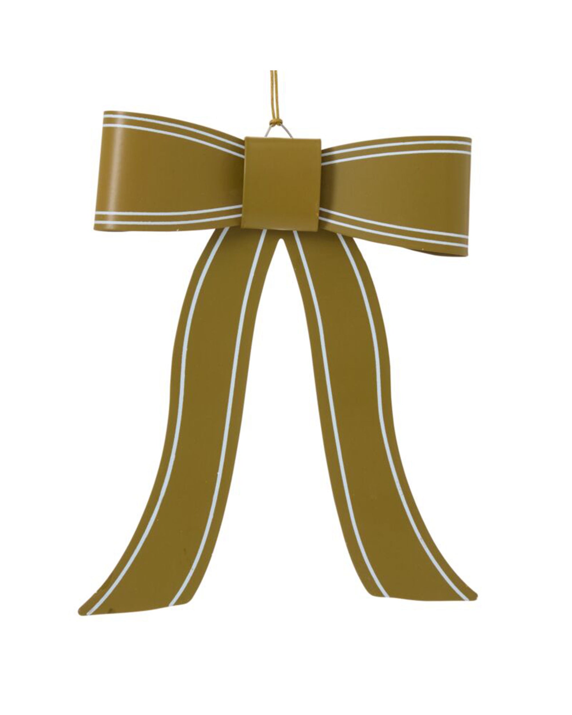 The Accent Decor 13706 Selah Bow Ornament (6x7.5") features white trim and long ribbons, suspended by a gold string against a white backdrop—an elegant Christmas tree decoration.