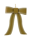 The Accent Decor 13706 Selah Bow Ornament (6x7.5") features white trim and long ribbons, suspended by a gold string against a white backdrop—an elegant Christmas tree decoration.