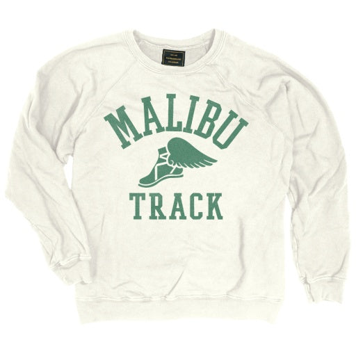 A gray crewneck sweatshirt with &quot;MALIBU CALIFORNIA&quot; printed in green letters and a graphic of a winged shoe below the text by Wildcat Retro Brands.