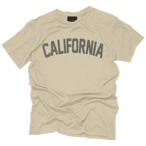The Wildcat Retro Brands CALIFORNIA t-shirt is a beige unisex vintage tee featuring bold gray "CALIFORNIA" lettering across the chest. Its laid-flat, slightly wrinkled look adds to its relaxed, timeless style.