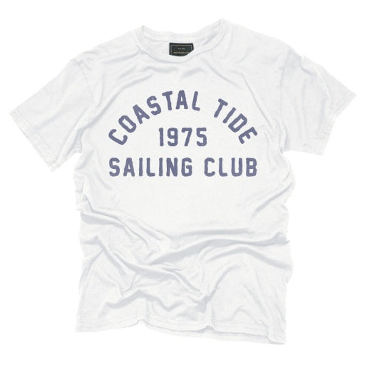 The COASTAL TIDE white unisex tee by Wildcat Retro Brands, made in the USA, features "COASTAL TIDE 1975 SAILING CLUB" in navy blue, shown flat on a white background.