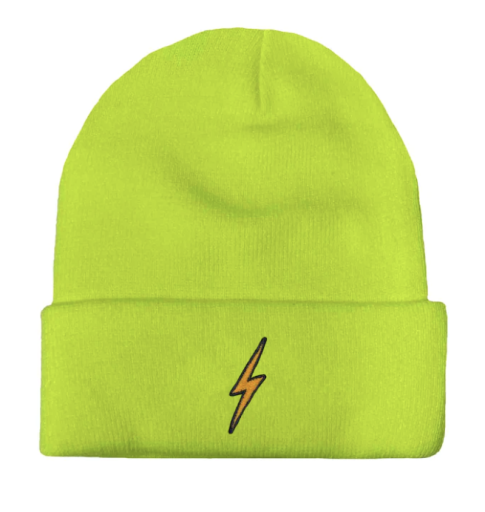 A radiant yellow "bolt - full rib beanie" from Aviator Nation, featuring a black lightning bolt emblem on the front.