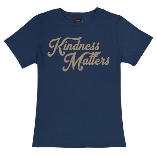 The KINDNESS MATTERS t-shirt by Wildcat Retro Brands is a unisex blue garment highlighting the phrase "Kindness Matters" in elegant gold cursive on the front. It's crafted from soft 40 singles fabric, ensuring both style and durability for everyday comfort.