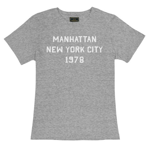 Gray unisex baby tee with white Manhattan New York City 1978 text, Wildcat Retro Brands.