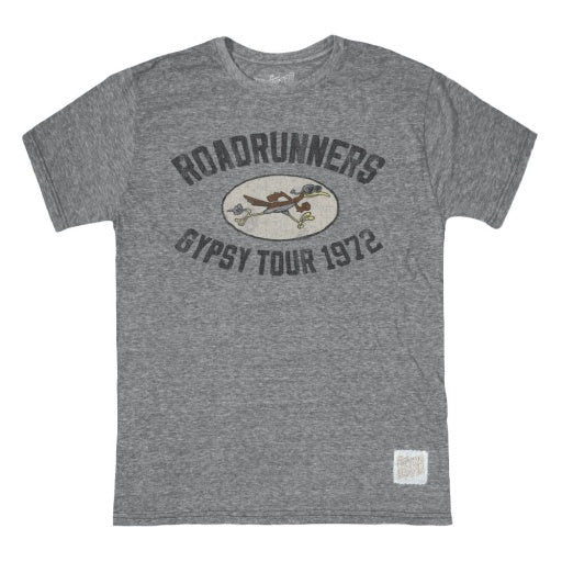 Unisex triblend tee from Wildcat Retro Brands, showcasing a vintage-style design with the text "ROADRUNNERS" and an illustration of a cartoon roadrunner in the center, inspired by the 1972 Gypsy Tour.