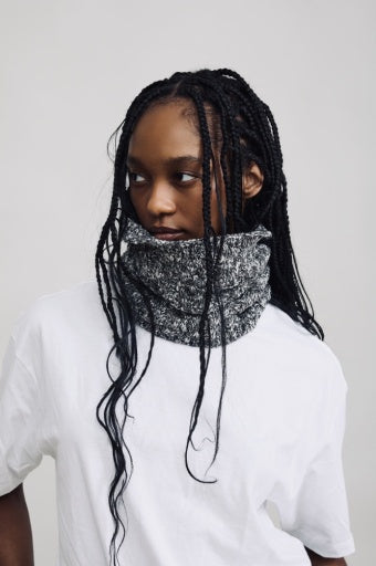 Denimist CLASSIC SNOOD in white on model with long braids, paired with a tee, looking slightly left.
