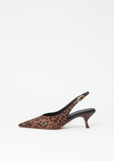 The Rag & Bone madison slingback heel features a brown and black leopard-print design, a pointed toe, and low kitten heels, shown against a plain white background.
