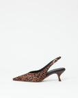 The Rag & Bone madison slingback heel features a brown and black leopard-print design, a pointed toe, and low kitten heels, shown against a plain white background.