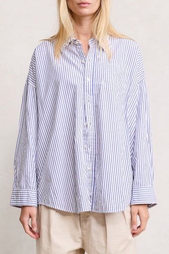 A person wearing the Denimist SUTTON BUTTON FRONT STRIPE shirt with long sleeves and beige pants stands against a plain light background.