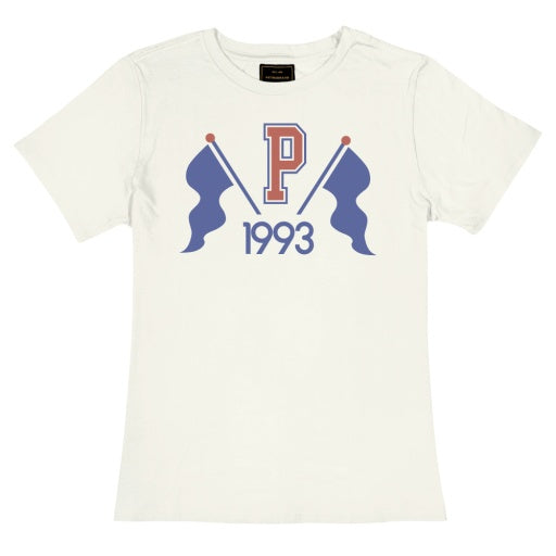 White baby tee with large P, two blue flags, and 1993 in blue and red on front; Wildcat Retro Brands P-1993 Tee.