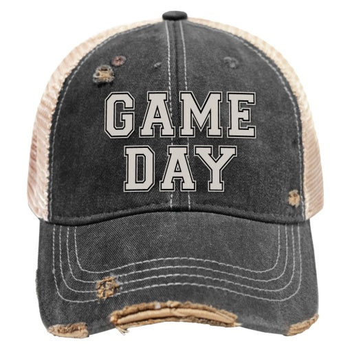 Introducing the GAME DAY HAT by Wildcat Retro Brands: a stylish vintage distressed black baseball cap, complete with a beige mesh back and worn edges. This snapback prominently displays "GAME DAY" embroidered in white on the front, making it an ideal choice to enhance your casual style with a retro flair.