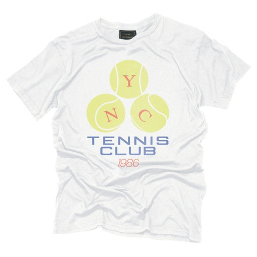The NYC TENNIS CLUB tee by Wildcat Retro Brands is a white vintage unisex shirt featuring three yellow tennis balls with red “NYC” above blue “TENNIS CLUB” and orange “1986.” Classic style, made in the USA.