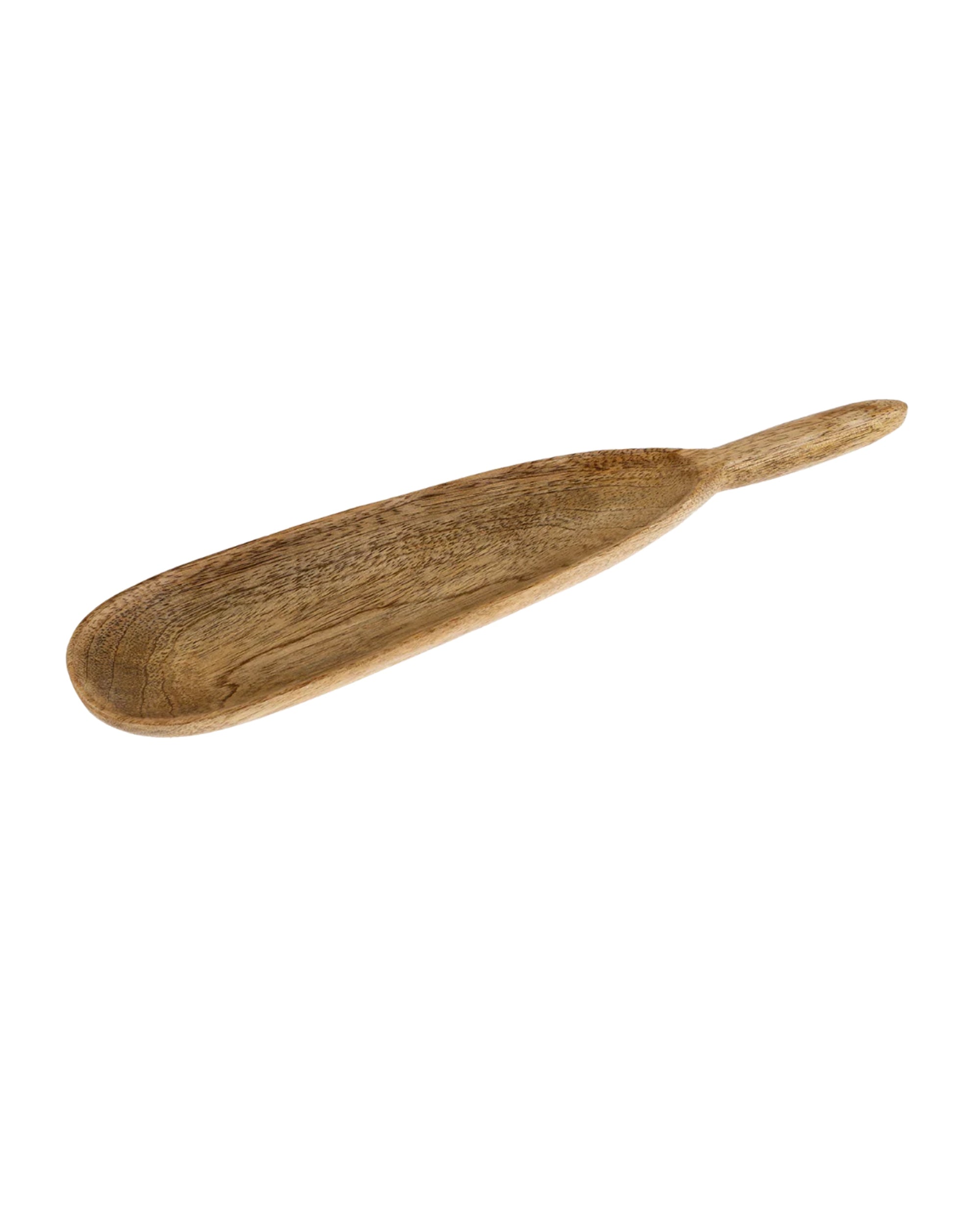 The Indaba 4-7104 Paddle Serving Dish, crafted from mango wood with a rounded, flat blade and slightly curved handle, is ideal for charcuterie platters. Shown on a white background.