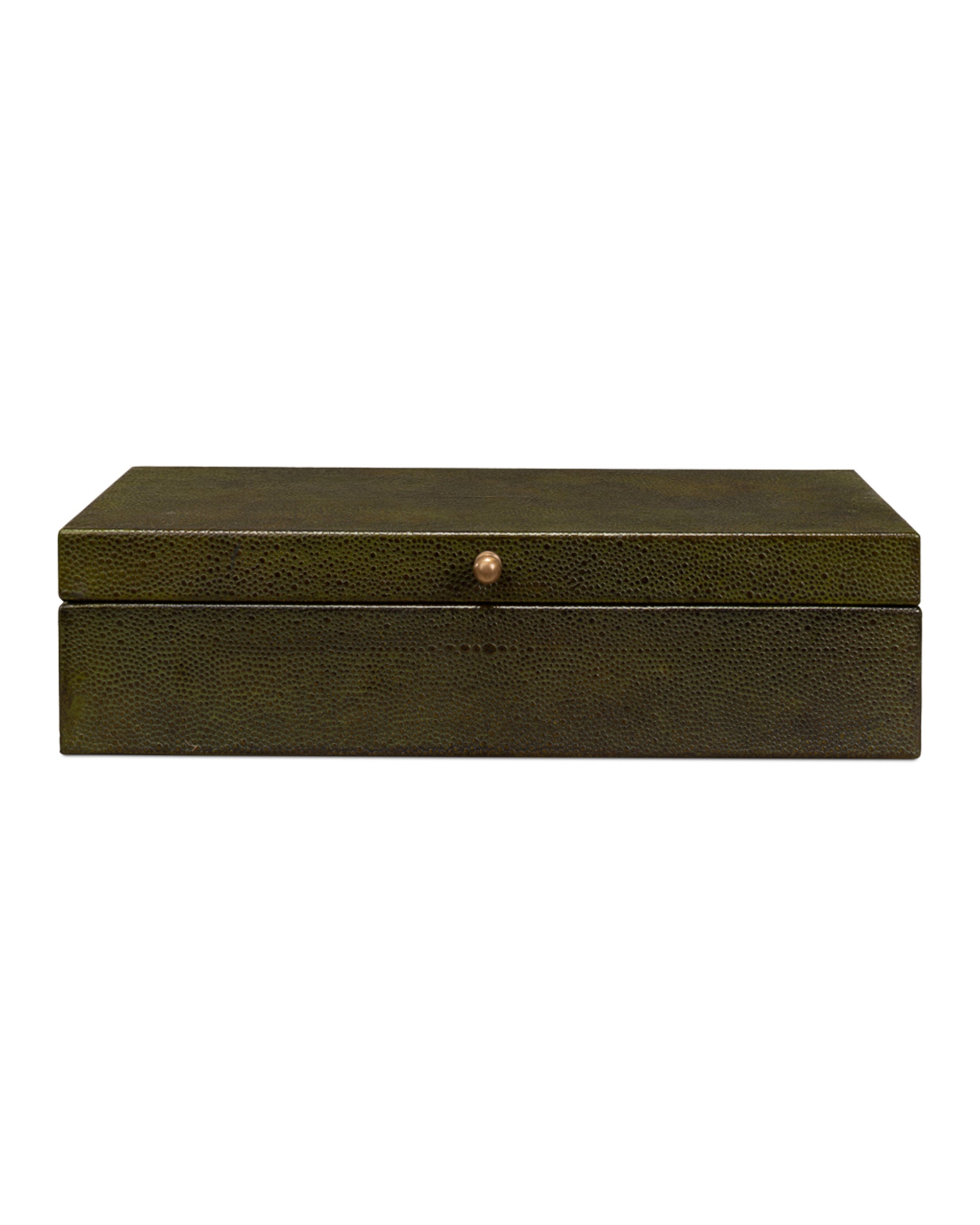 The Sarreid Gatsburg Shagreen Box features an olive green textured leather finish and a gold round knob, highlighting transitional style against a white background.